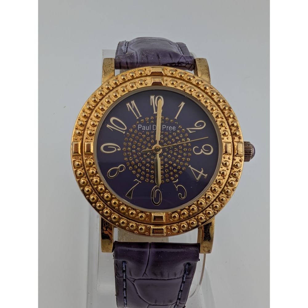Paul Du Pree Watch Women 37mm Gold Case Purple Leather‎ Band- New Battery